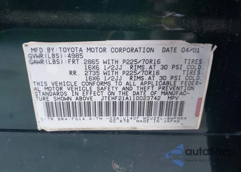 2001 Toyota Highlander V6 из США, поврежденный, VIN JTEHF21A110023742